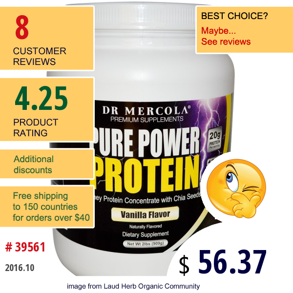 Dr. Mercola, Premium Supplements, Pure Power Protein, Vanilla Flavor, 2 Lbs (909 G)  