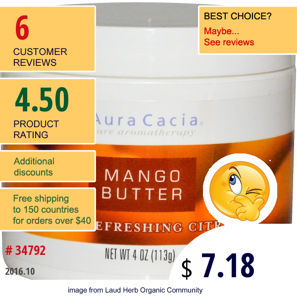 Aura Cacia, Mango Butter, With Refreshing Citrus, 4 Oz (113 G)  