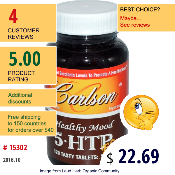 Carlson Labs, Healthy Mood, 5•htp Elite, 50 Mg, 120 Tasty Tablets