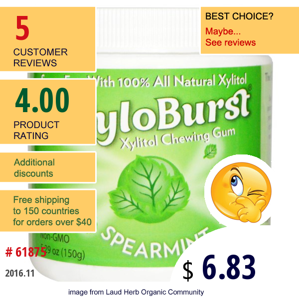 Xyloburst, Xylitol Chewing Gum, Spearmint, 5.29 Oz (150 G), 100 Pieces 