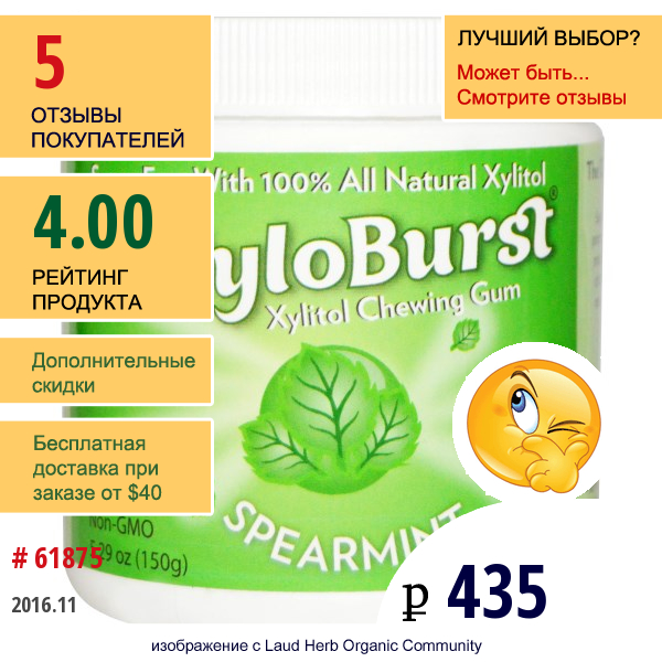 Xyloburst, Жевательная Резинка С Ксилитолом, Мятный Вкус, 5,29 Унции (150 Г), 100 Штук. 