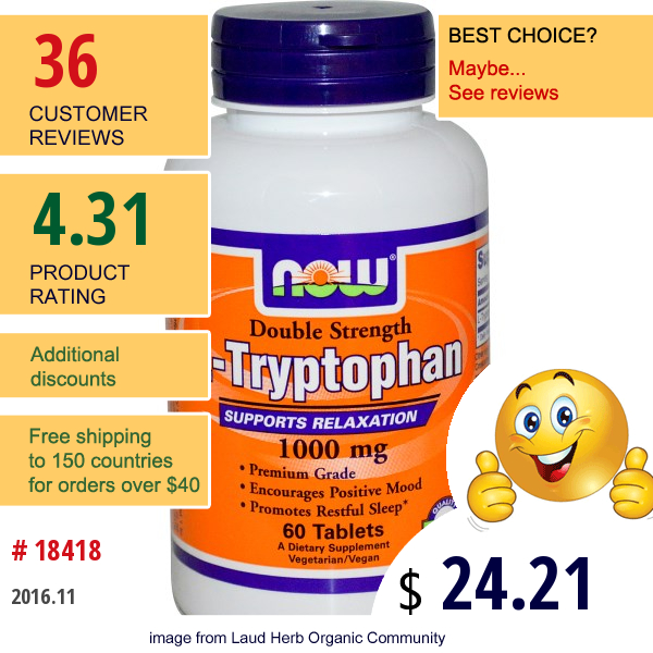 Now Foods, L-Tryptophan, Double Strength, 1,000 Mg, 60 Tablets