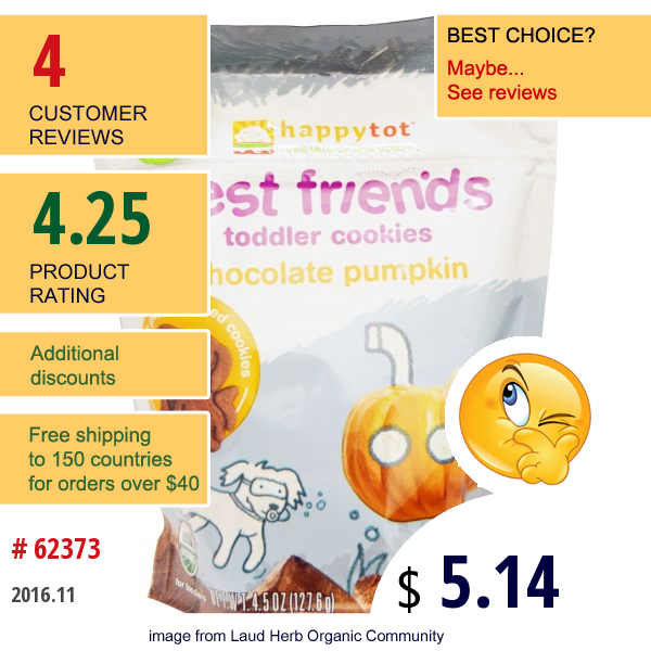 Nurture Inc. (Happy Baby), Happytot, Organic Superfoods, Best Friends, Toddler Cookies, Chocolate Pumpkin, 4.5 Oz (127.6 G)  