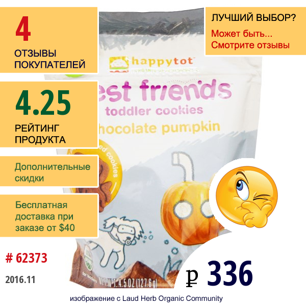 Nurture Inc. (Happy Baby), Happytot、オーガニック・スーパーフード、ベストフレンド、幼児用クッキー、チョコレート・パンプキン、4.5 オンス (127.6 G)  