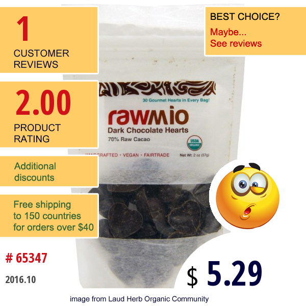 Rawmio, Dark Chocolate Hearts, 2 Oz (57 G)