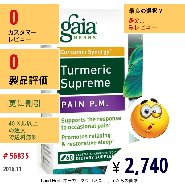 Gaia Herbs, ターメリック・スプリーム、ペイン（痛み）P.m.、ベジタリアン・リキッド・フィトカプセル 60 錠