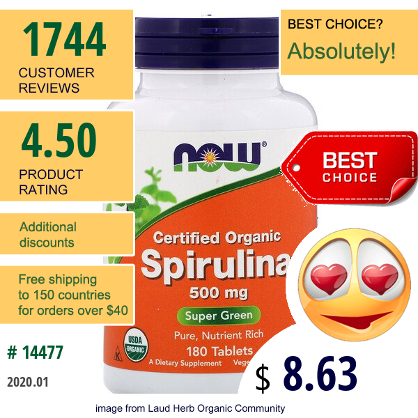 Now Foods, Certified Organic Spirulina, 500 Mg, 180 Tablets