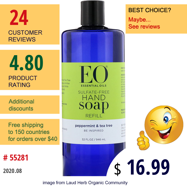 Eo Products, Hand Soap Refill, Peppermint & Tea Tree, Sulfate-Free, 32 Fl Oz (946 Ml)