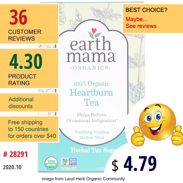 Earth Mama, Organics, 100% Organic Heartburn Tea, Soothing, Cooling Mellow Mint, Caffeine Free, 16 Tea Bags, 1.23 Oz (35 G)  