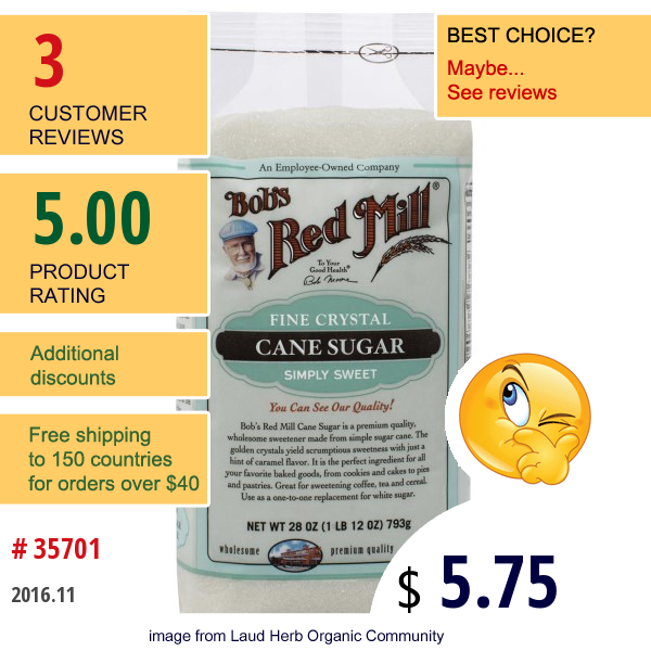 Bobs Red Mill, Cane Sugar, Fine Crystal, 28 Oz (793 G)