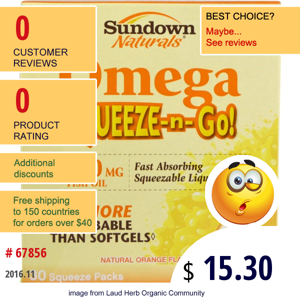 Rexall Sundown Naturals, Omega Squeeze-N-Go!, Natural Orange Flavor, 2000 Mg, 30 Squeeze Packs, 0.08 Oz (2.5 G) Each
