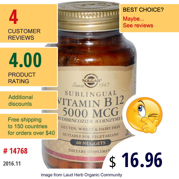 Solgar, Vitamin B12, 5000 Mcg, 60 Nuggets Solgar, Vitamin B12, 5000 Mcg, 60 Nuggets