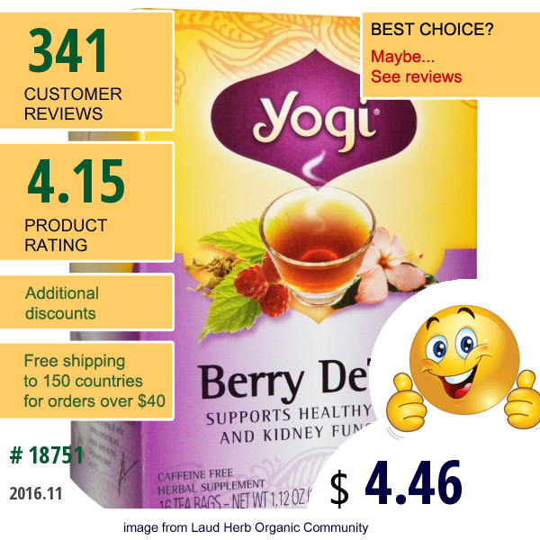 Yogi Tea, Berry Detox, Caffeine Free, 16 Tea Bags, 1.12 Oz (32 G)