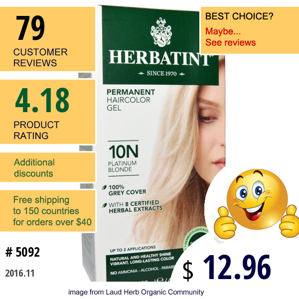 Herbatint, Permanent Haircolor Gel, 10N Platinum Blonde, 4.56 Fl Oz (135 Ml)