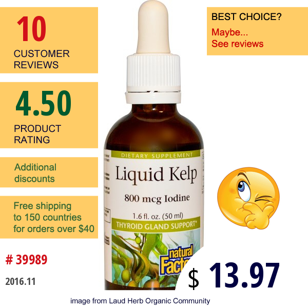 Natural Factors, Liquid Kelp, 800 Mcg Iodine, 1.6 Fl Oz (50 Ml)