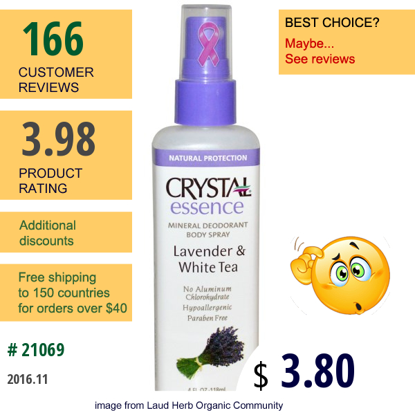 Crystal Body Deodorant, Crystal Essence, Mineral Deodorant Body Spray, Lavender & White Tea, 4 Fl Oz (118 Ml)