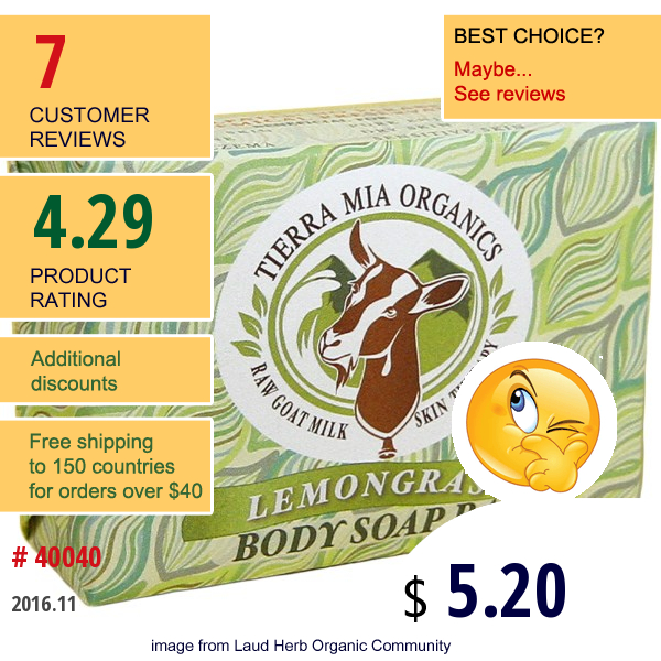 Tierra Mia Organics, Raw Goat Milk Skin Therapy, Body Soap Bar, Lemon Grass, 3.8 Oz
