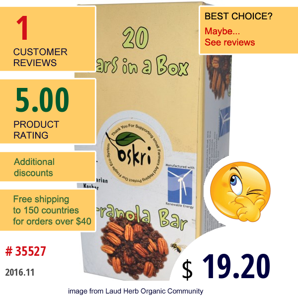 Oskri, Granola Bar, Pecans And Raisins, 20 Bars, 1.5 Oz (43 G) Each Oskri, Granola Bar, Pecans And Raisins, 20 Bars, 1.5 Oz (43 G) Each
