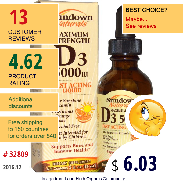 Sundown Naturals, Maximum Strength D3, Alcohol-Free, 5000 Iu, 2 Fl Oz (59 Ml)  