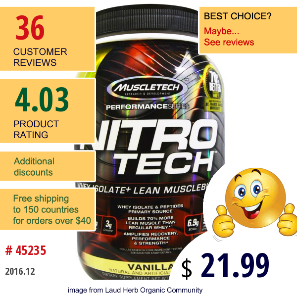 Muscletech, Nitro Tech, Whey Isolate+ Lean Musclebuilder, Vanilla, 2.00 Lbs (907 G)