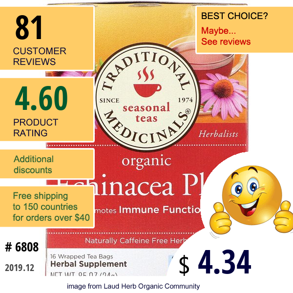 Traditional Medicinals, Seasonal Teas, Organic Echinacea Plus, Naturally Caffeine Free, 16 Wrapped Tea Bags, .85 Oz (24 G)