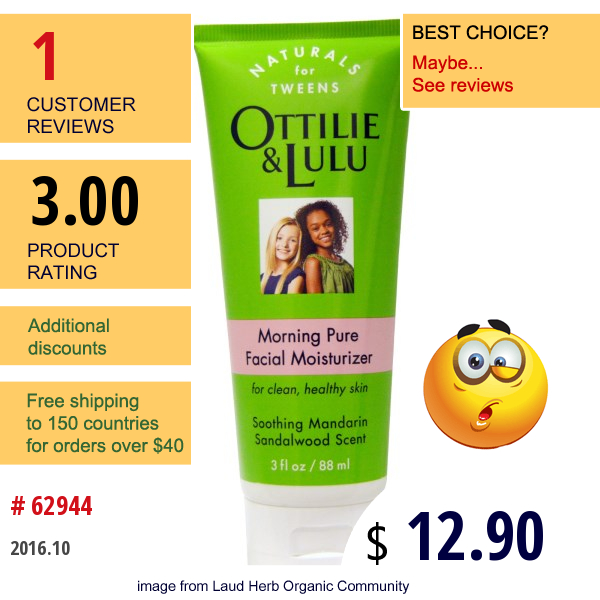 Ottilie Lulu, Morning Pure Facial Moisturizer, Southing Mandarin Sandalwood Scent, 3 Fl Oz (88 Ml)