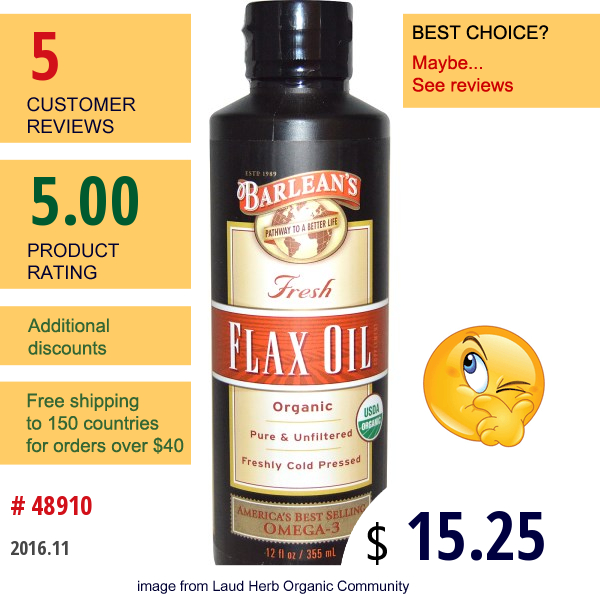 Barleans, Organic, Flax Oil, Omega-3, 12 Fl Oz (355 Ml)