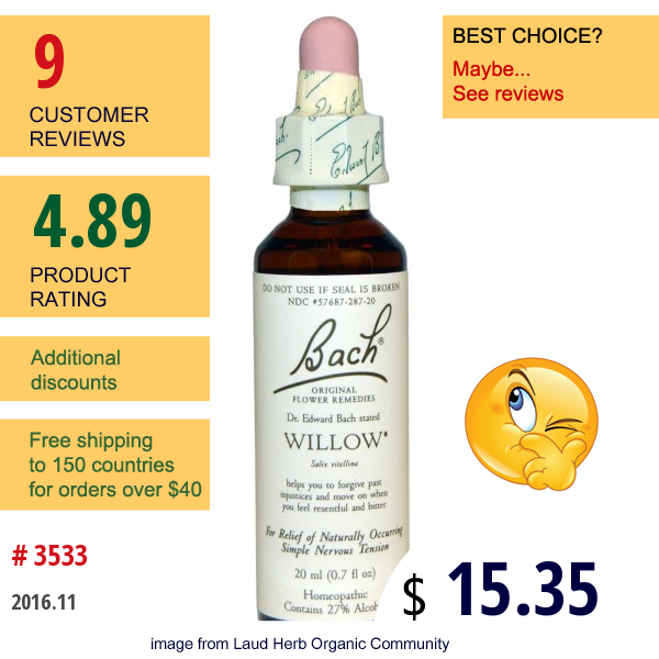 Bach, Original Flower Remedies, Willow, 0.7 Fl Oz (20 Ml)