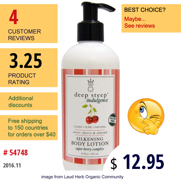 Deep Steep, Indulgence, Silkening Body Lotion, Sweet Cherry & Almond, 10 Fl Oz (295 Ml)  