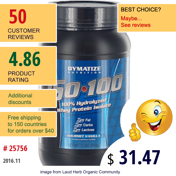 Dymatize Nutrition, Iso·100, 100% Hydrolyzed Whey Protein Isolate, Gourmet Vanilla, 2 Lbs (910 G)  