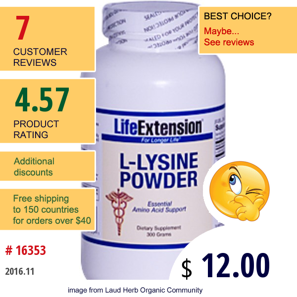 Life Extension, L-Lysine Powder, 300 G  