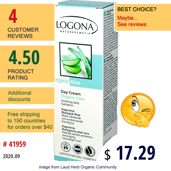 Logona Naturkosmetik, Day Cream, Organic Aloe, 1.35 Fl Oz (40 Ml)  