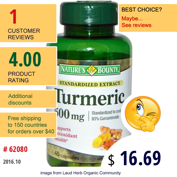 Natures Bounty, Turmeric, Standardized Extract, 500 Mg, 45 Capsules  