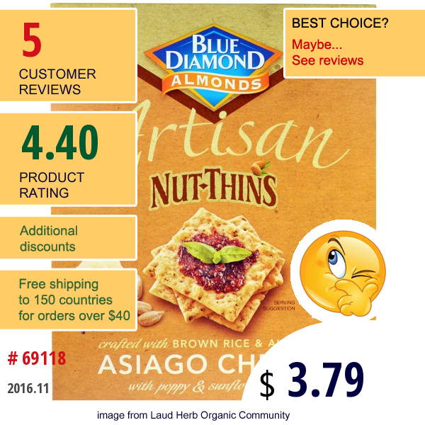 Blue Diamond, Artisan Nut-Thins, Asiago Cheese Cracker Snacks, 4.24 Oz (120.5 G)