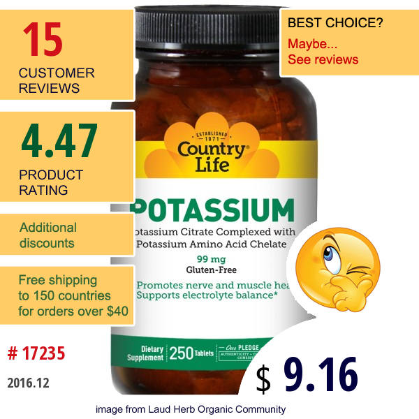 Country Life, Potassium, 99 Mg, 250 Tablets