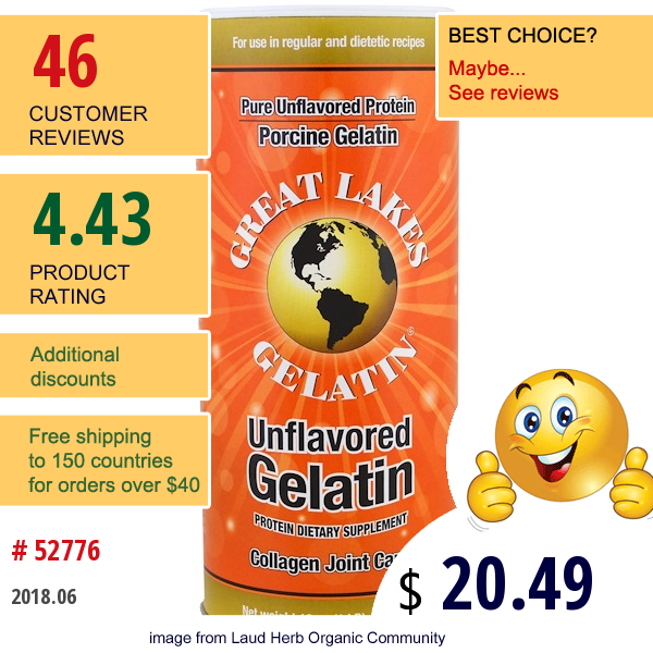 Great Lakes Gelatin Co., Porcine Gelatin, Collagen Joint Care, Unflavored, 16 Oz (454 G)
