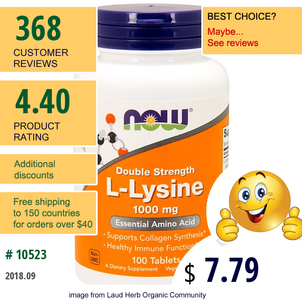 Now Foods, L-Lysine, 1,000 Mg, 100 Tablets