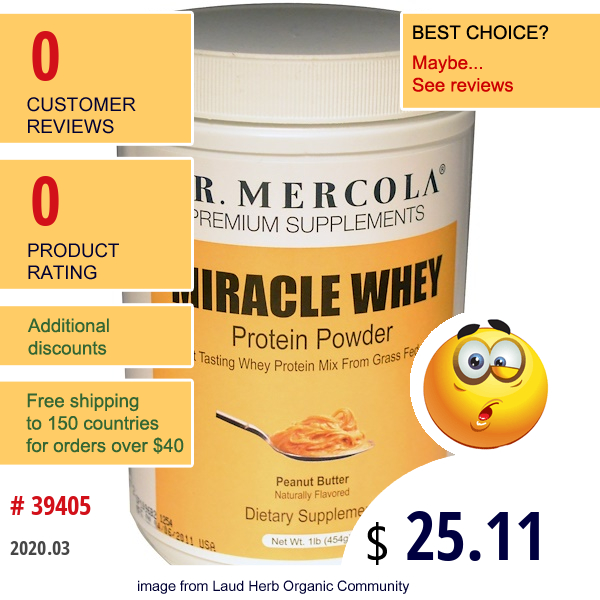 Dr. Mercola, Premium Supplements, Miracle Whey, Protein Powder, Peanut Butter, 1 Lb (454 G)  