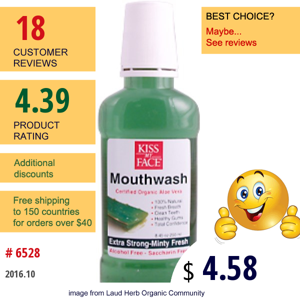 Kiss My Face, Oc, Mouthwash, Certified Organic Aloe Vera, 8.45 Oz (250 Ml)  