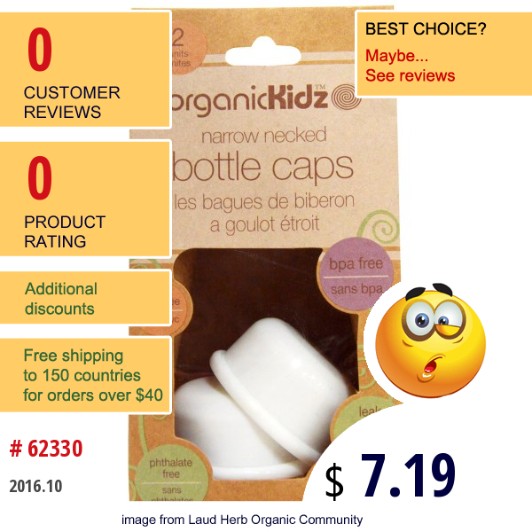 Organic Kidz, Bottle Caps Narrow Necked, White, 2 Units  