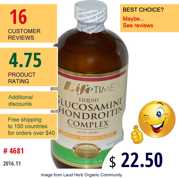 Life Time, Liquid Glucosamine Chondroitin Complex With Msm, Natural Tropical Flavor, 16 Fl Oz (473 Ml)  