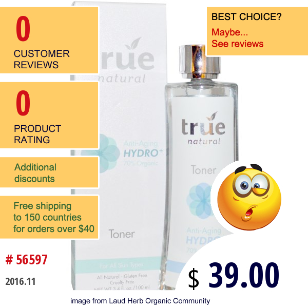 True Natural, Toner, Anti-Aging Hydro+, 3.4 Fl Oz (100 Ml)  