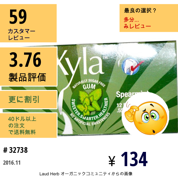 Xylitol Usa, Xyla、天然無糖なガム、スペアミント、12枚入り、.55 Oz (15.6 G)  