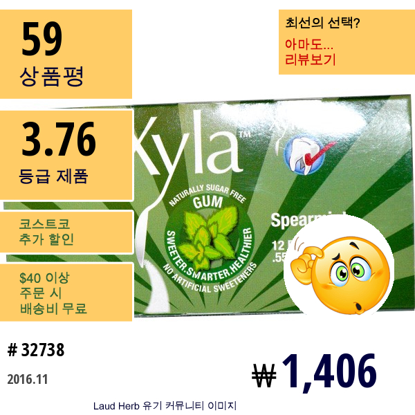 Xylitol Usa, Xyla, 자연적으로 무설탕 껌, 스피어민트, 12개입, .55 Oz (15.6 G)  