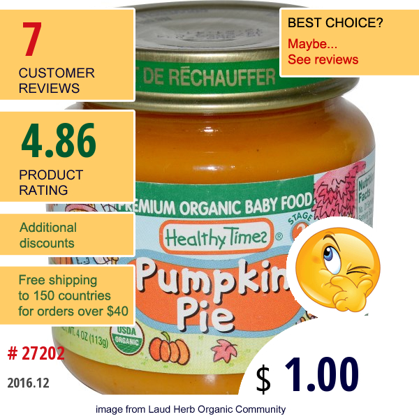Healthy Times, Premium Organic Baby Food, Pumpkin Pie, Stage 2, 4 Oz (113 G)  