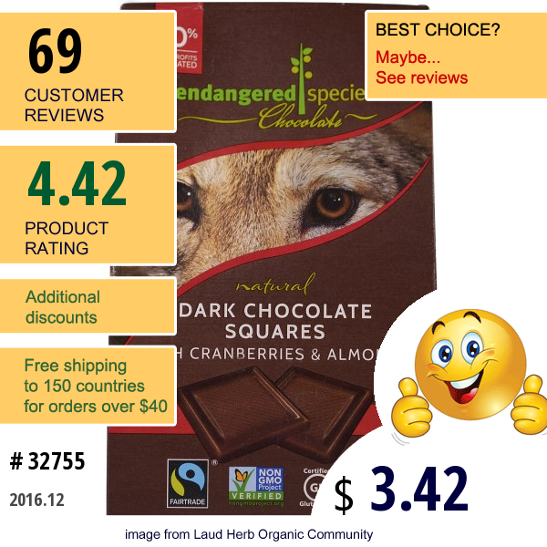 Endangered Species Chocolate, Natural Dark Chocolate With Cranberries & Almonds, 3.5 Oz (99 G)