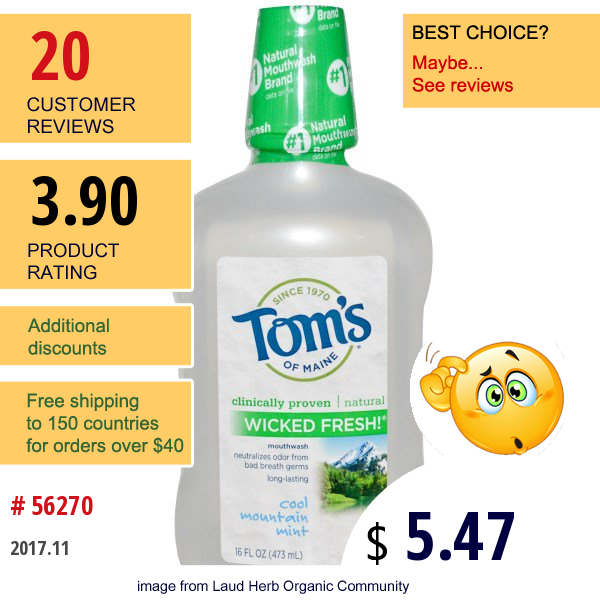 Toms Of Maine, Wicked Fresh! Mouthwash, Cool Mountain Mint, 16 Fl Oz (473 Ml)
