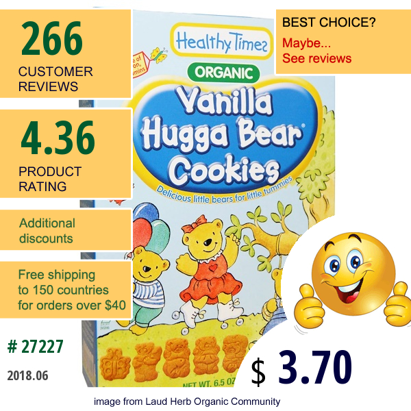 Healthy Times, Organic, Hugga Bear Cookies, Vanilla, 6.5 Oz (182 G)