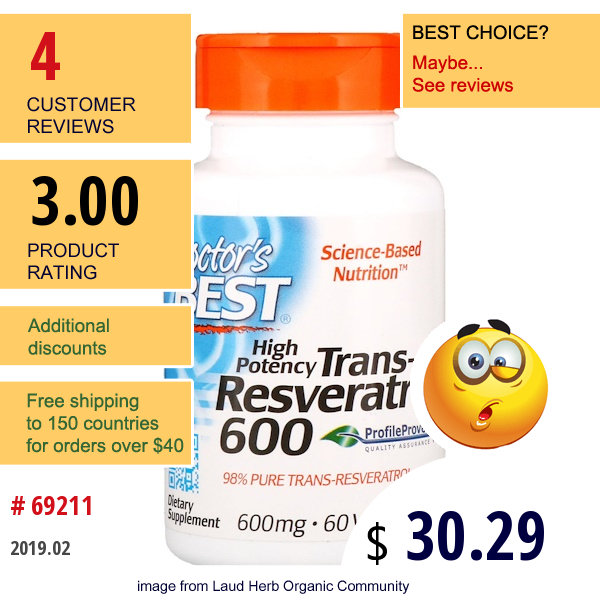 Doctors Best, High Potency Trans-Resveratrol 600, 600 Mg, 60 Veggie Caps