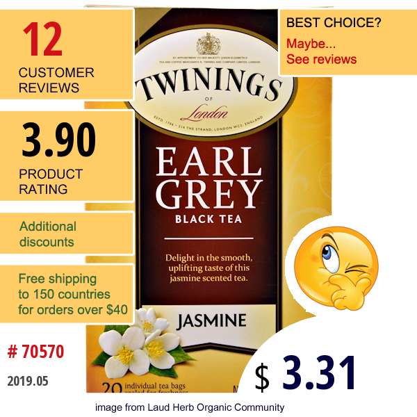 Twinings, Black Tea, Earl Grey, Jasmine, 20 Tea Bags - 1.41 Oz (40 G)